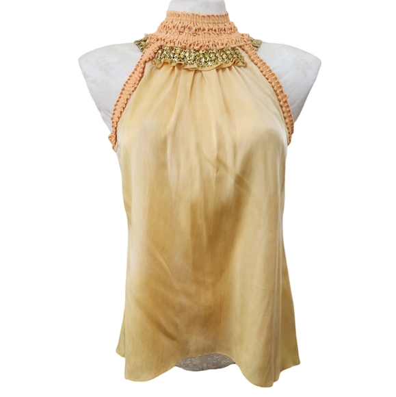 Elie Tahari Yellow Silk Retro 60's Egyptian Style Lisanne Embellished Blouse / L - Picture 1 of 11
